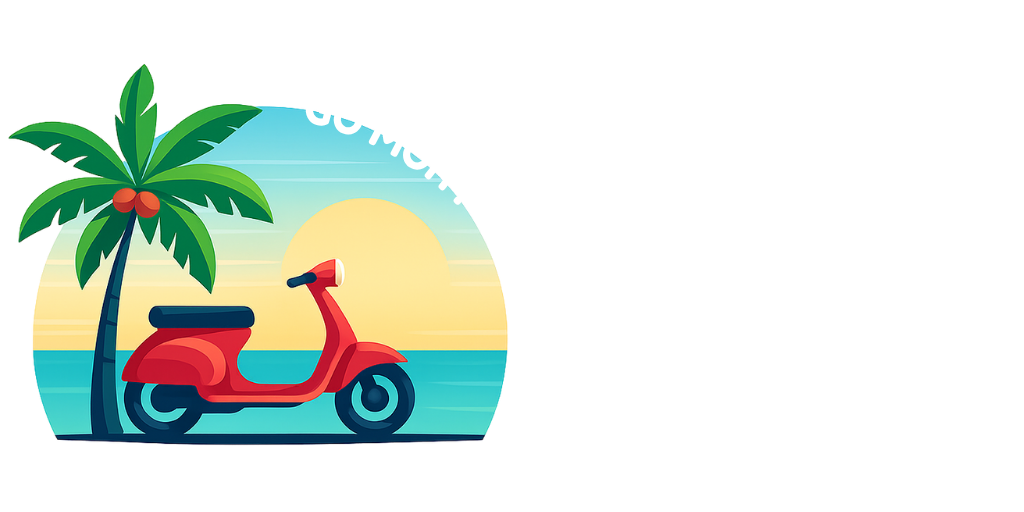 Goh Moh Scooter Rental & Taxi logo featuring a red scooter under a palm tree with sunset background, text on the right.