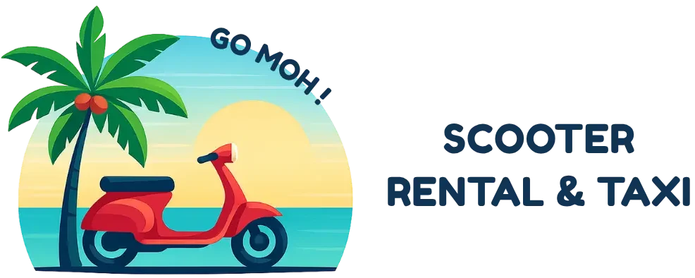 Goh Moh Scooter Rental & Taxi logo featuring a red scooter under a palm tree with sunset background, text on the right.